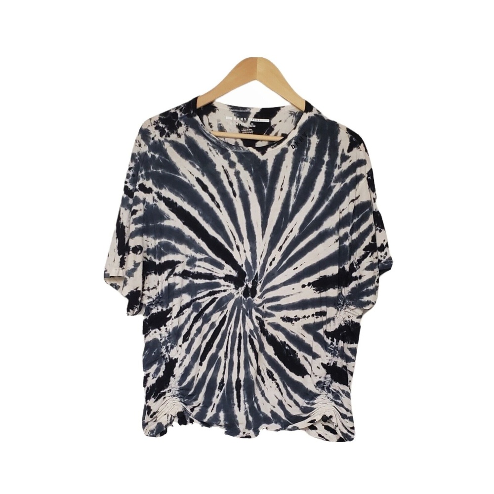 Psychedelic DKNY Blue and White Swirl Tie-Dye 100% Cotton Super Loose Fit Top